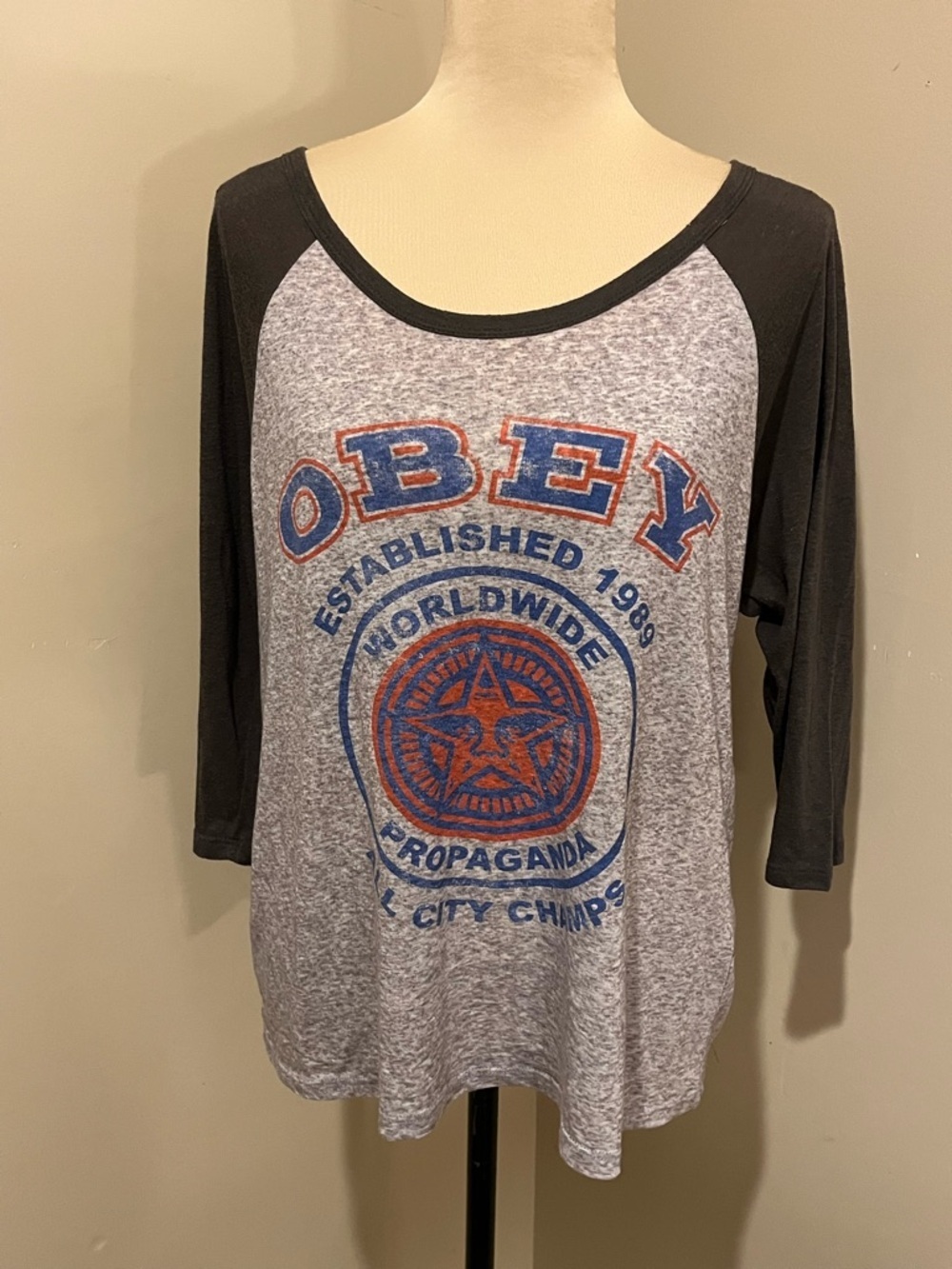 Obey Grey Heather & Black Raglan Graphic Long Sleeve Tee